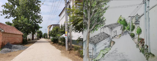 街道原貌和凌原璐同学绘制的街道美化效果图